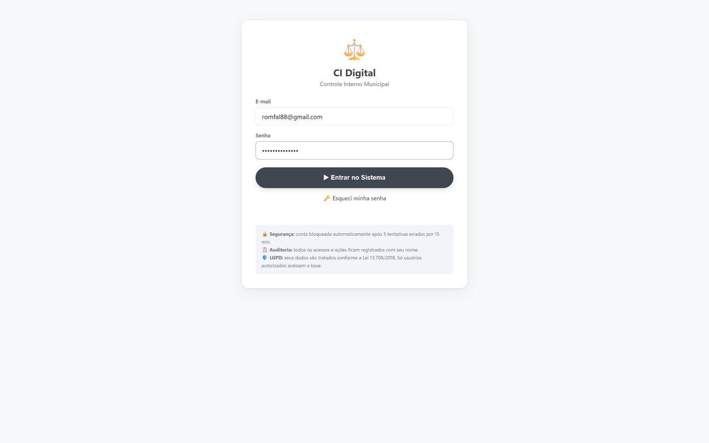 Tela de entrada do CI Digital, com os campos de e-mail e senha