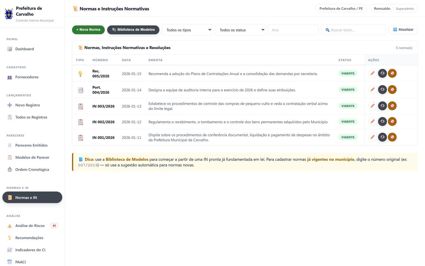 Tela de normas e instruções normativas, com a lista e as ementas