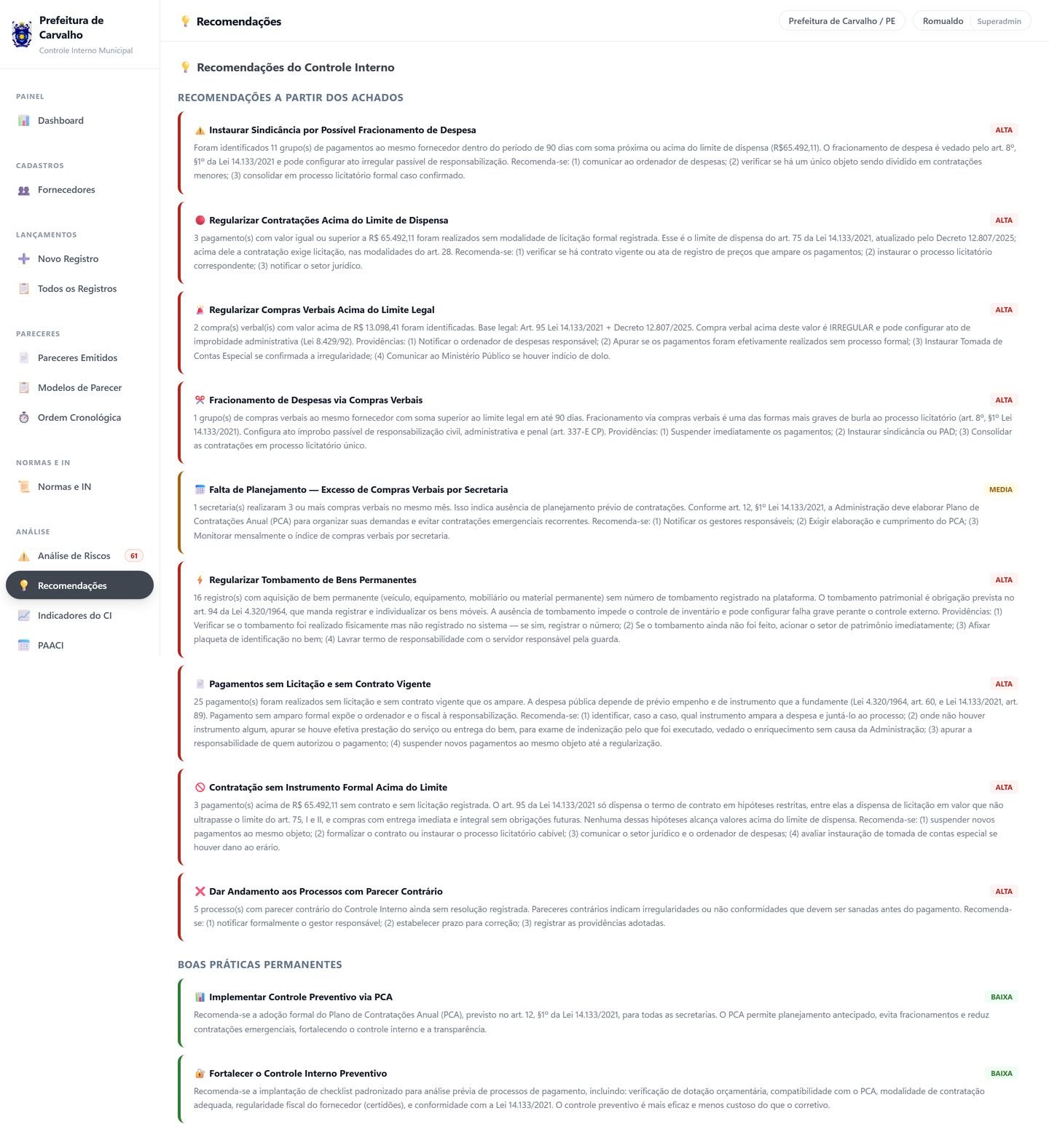 Tela de recomendações do controle interno, geradas a partir dos achados