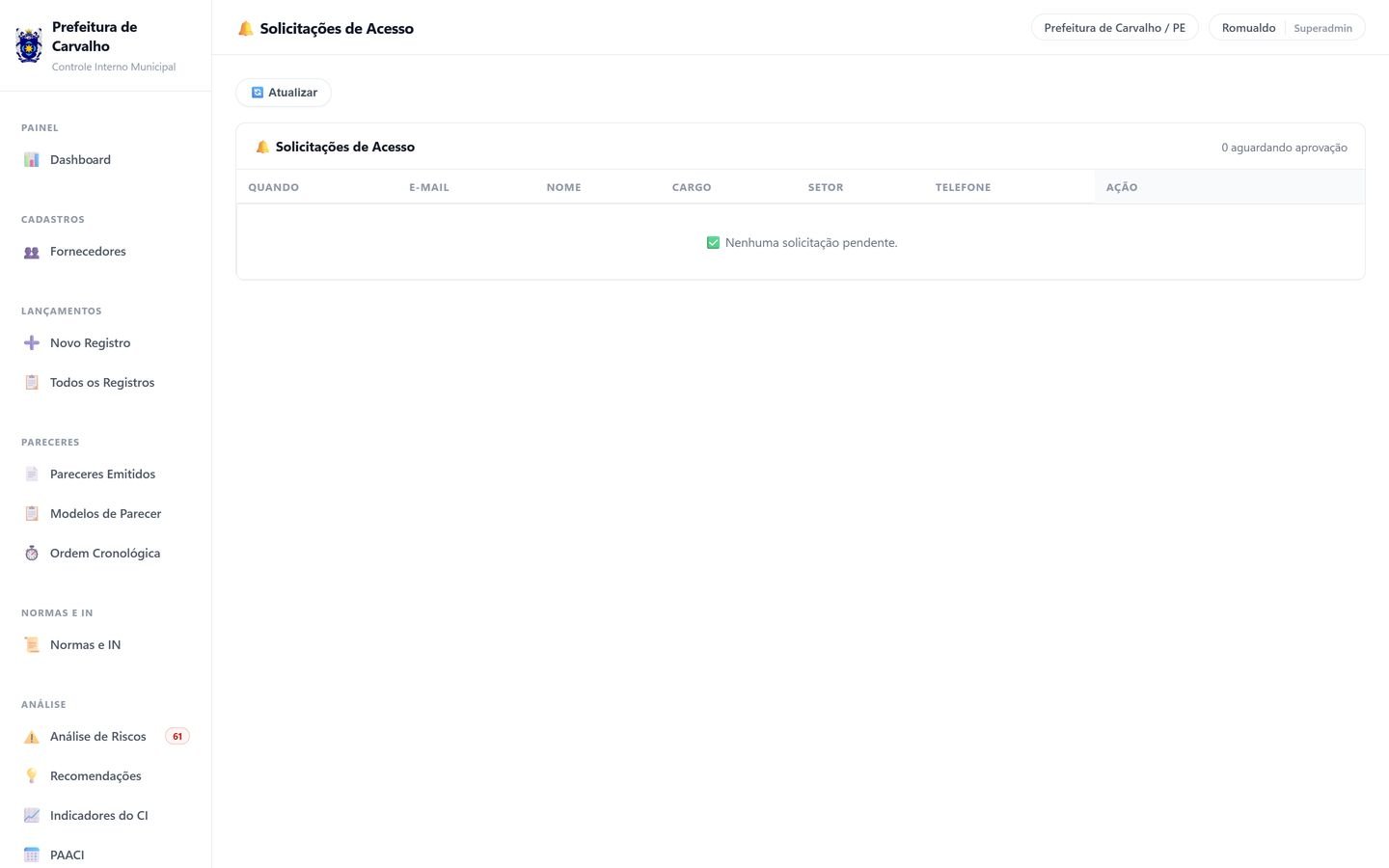 Tela de solicitações de acesso pendentes de aprovação